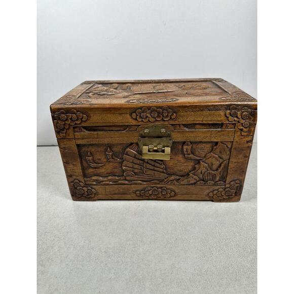 Other - VTG Chinese Handcarved Wooden Trinket Jewelry Box Brass Pin Latch Scenic Decor